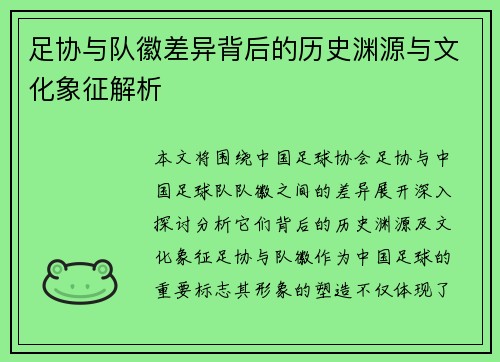 足协与队徽差异背后的历史渊源与文化象征解析